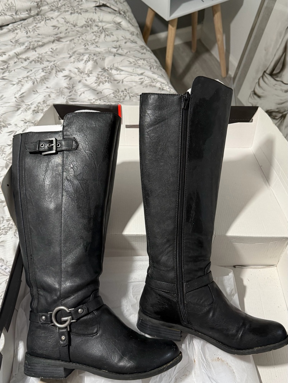 G by Guess Black Leather Over-the-Knee Riding Boots with Buckle Detail